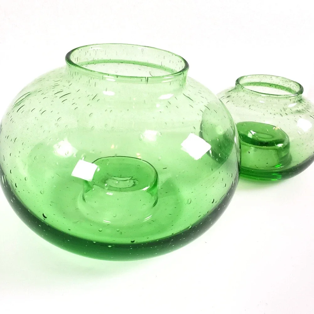 2Pc Art Glass Green Vase Votive Candle Holder Hand Blown Seeded Bubble Reversibl